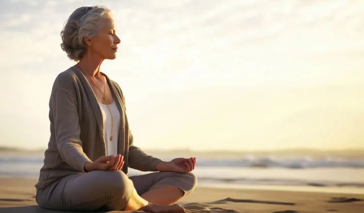 Frau meditiert beim Sonnenuntergang am Ostseestrand auf Rügen beim Meditationsangebot des Grand Hotel Binz.