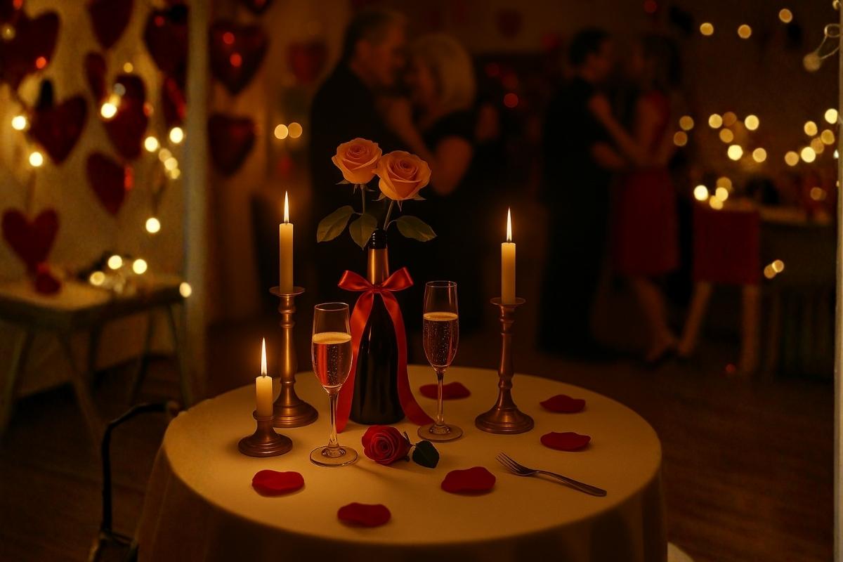 Romantisch gedeckter Tisch mit Kerzen Sektglaeser und Rosen bei Valentinsparty auf Rügen